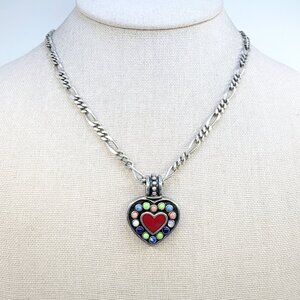 Multi Stone Heart Figaro Chain Pendant Necklace Sterling Silver 925 19.5" Length